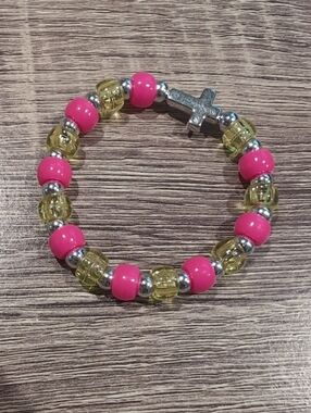 Kids Beaded Cross Bracelet - Pink and Yellow